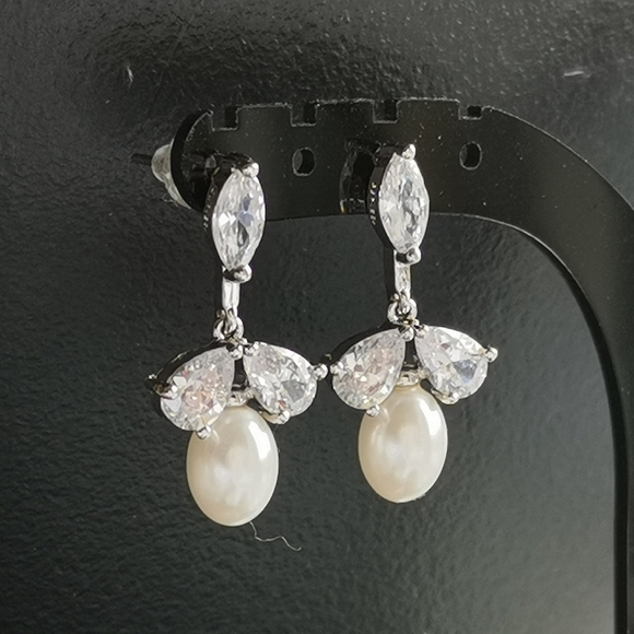Cubic Zirconia Cultured Freshwater Pearl Dangle Earrings - Picture 2 of 7